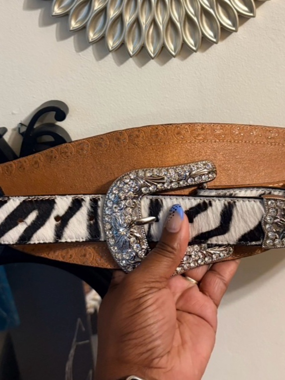 Rhinestone Buckle Zebra Print Leather Belt